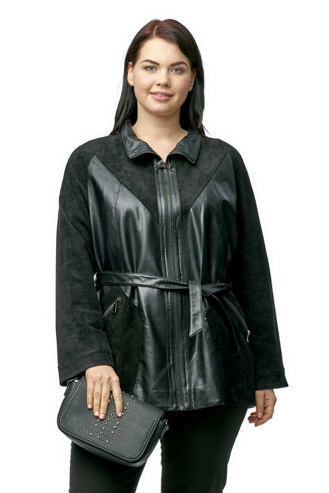 Женская кожаная куртка из эко-кожи с воротником, отделка искусственная замша 1900024