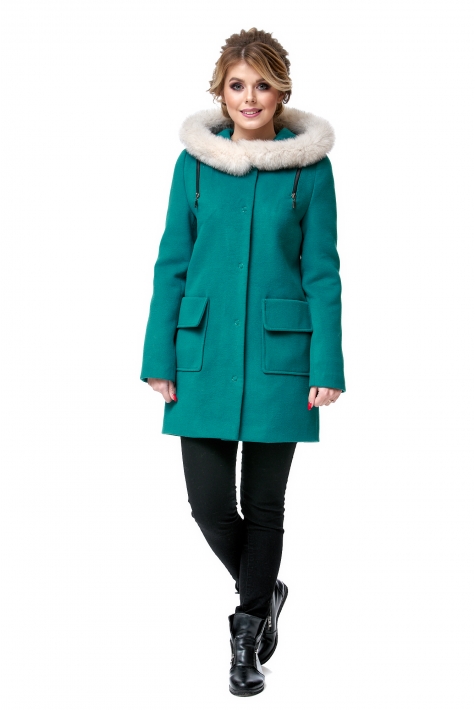 Женское пальто из текстиля с капюшоном, отделка песец 8002333