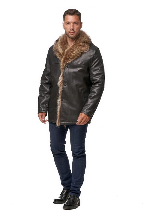 Мужская кожаная куртка из натуральной кожи на меху с воротником, отделка енот 8012288