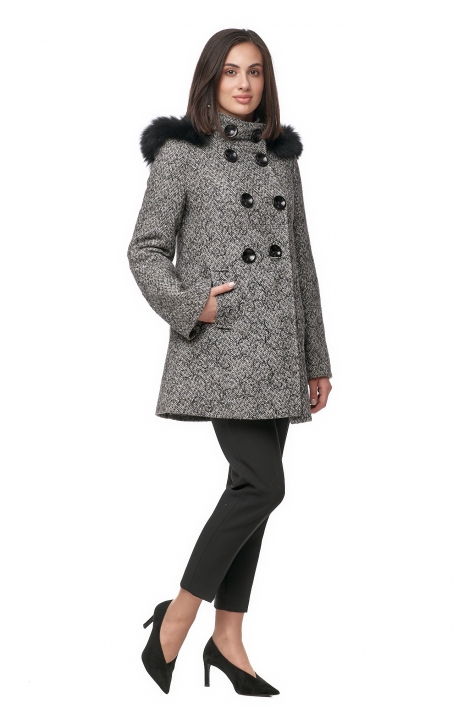 Женское пальто из текстиля с капюшоном, отделка песец 8012607