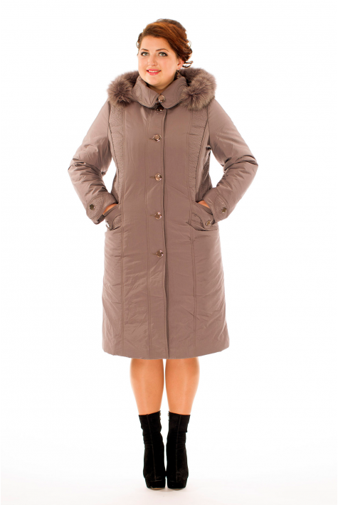 Женское пальто из текстиля с капюшоном, отделка песец 8012631