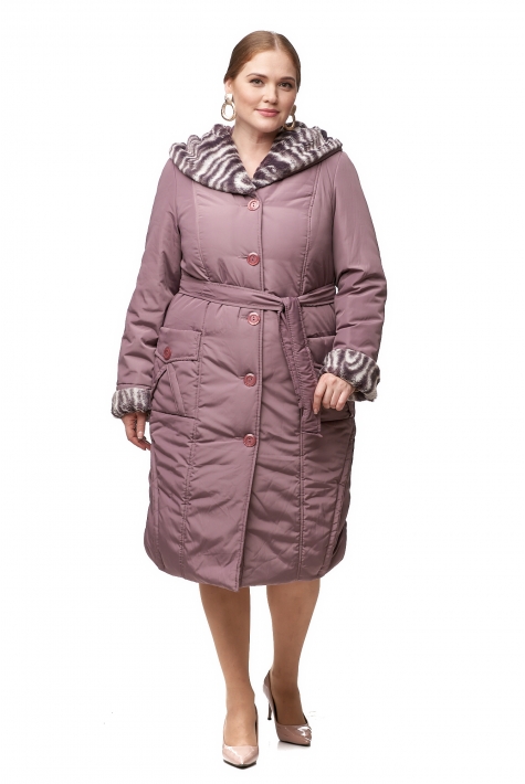 Женское пальто из текстиля с капюшоном, отделка искусственный мех 8012718