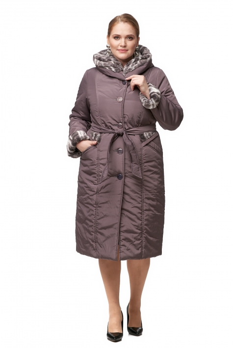 Женское пальто из текстиля с капюшоном, отделка искусственный мех 8012719