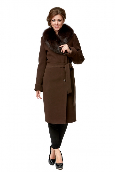 Женское пальто из текстиля с воротником, отделка песец 8015897
