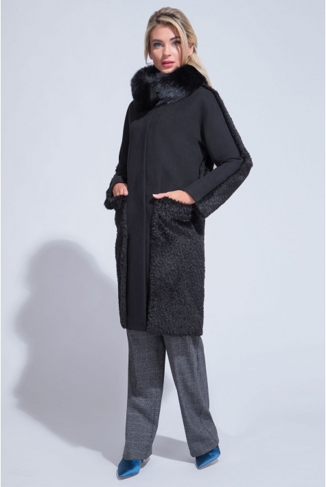 Женское пальто из текстиля с воротником, отделка песец 3000850