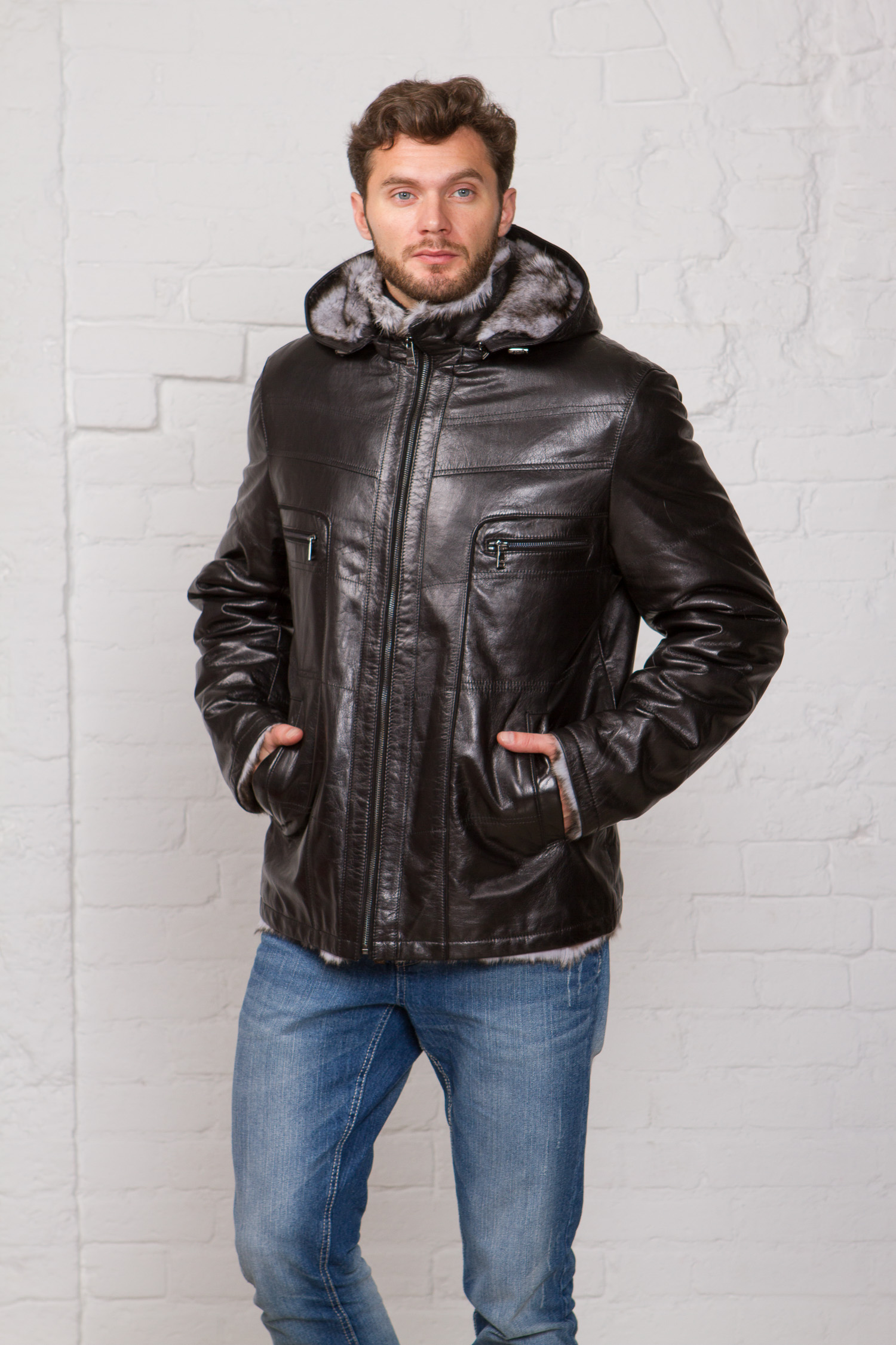 Куртка кожаная мужская зимняя на меху с капюшоном 4401/80 (21 FW)